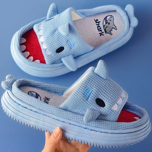 JAWS Blue Shark Slippers | Women Kids Cotton Home Indoor Shoes Winter - Picture 4 of 8
